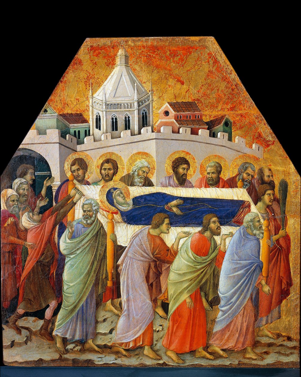 Jungfruns begravning, Saint John med handflatan öppnar vägen (tempera på trä av Duccio di Buoninsegna