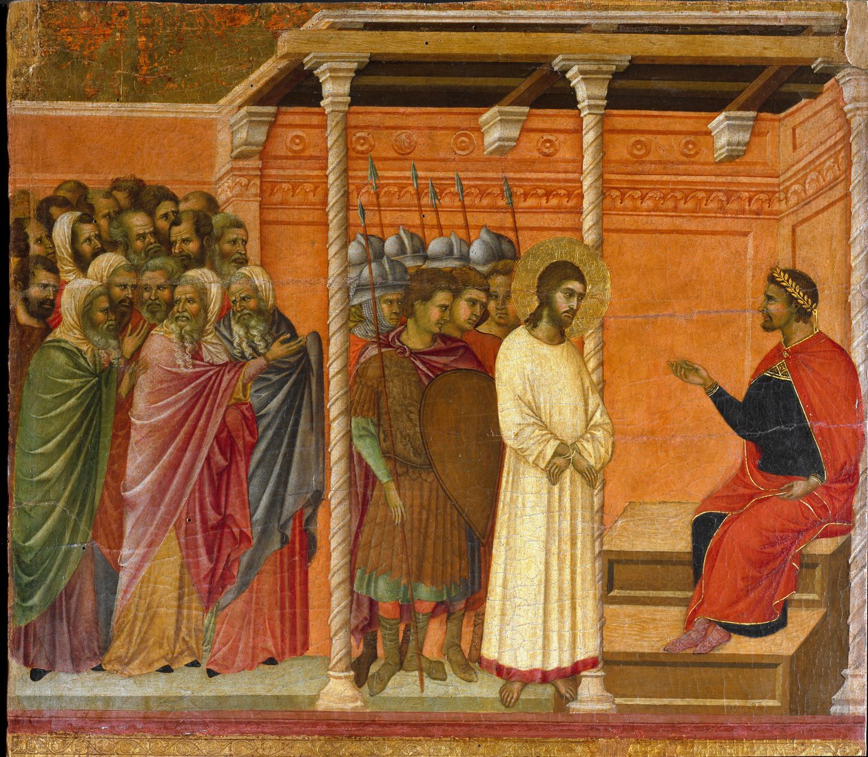 Det andra förhöret av Kristus av Pontius Pilatus - Baksidan av Maesta altartavla av Duccio di Buoninsegna
