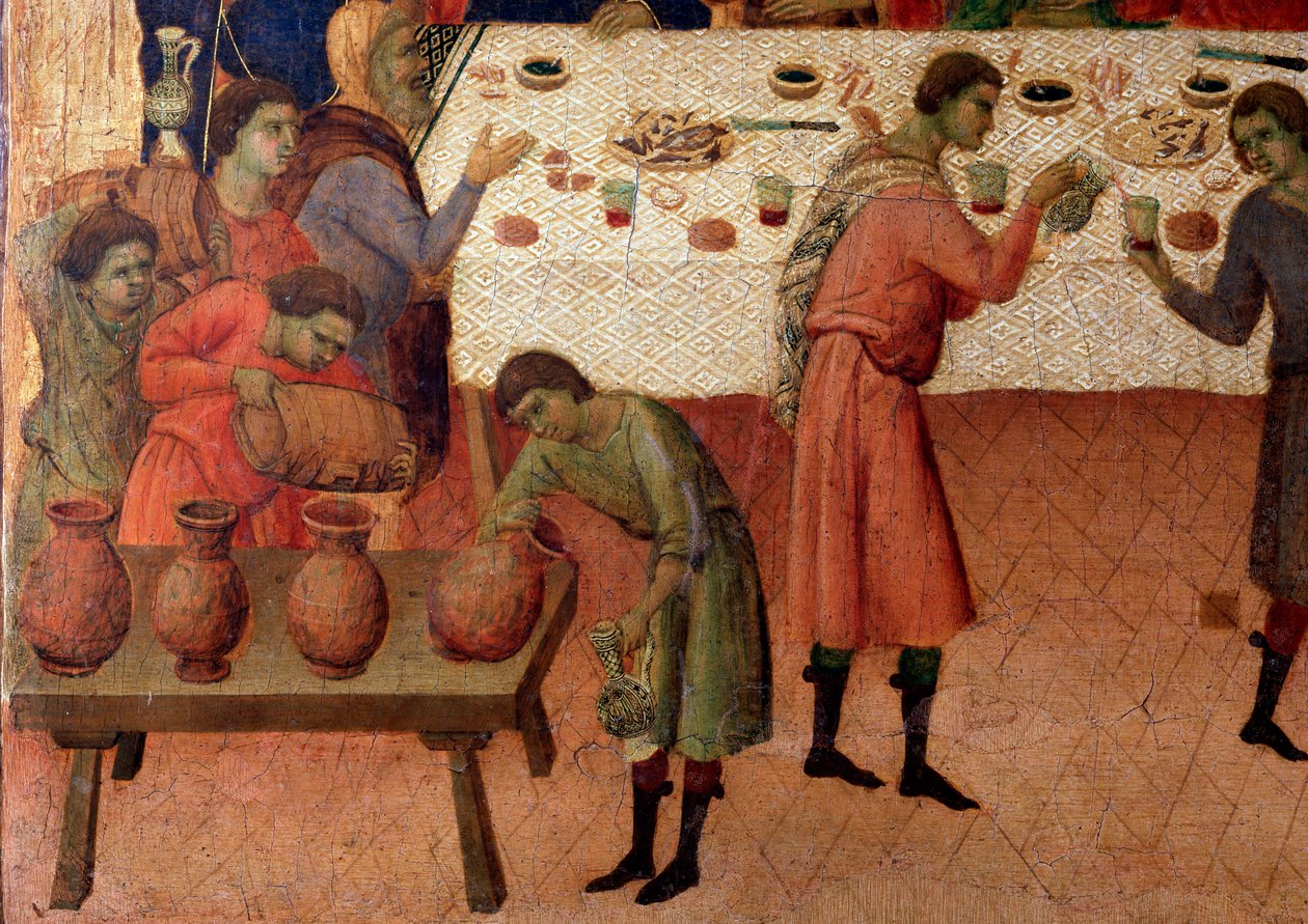 Bröllopet i Kana. Detalj, baksidan av altartavlan (tempera och guld på trä av Duccio di Buoninsegna