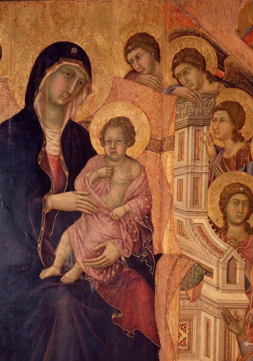 Jungfru och barn på tronen (La Maesta altartavla) (tempera och guld på trä) av Duccio di Buoninsegna