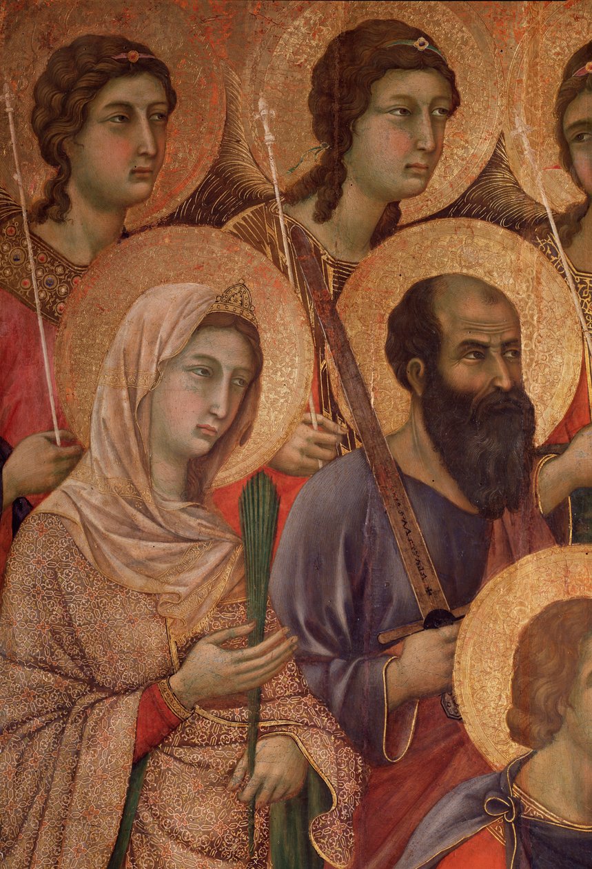 Jungfru och barn på tronen, detalj med helgonet Katarina av Alexandria och helgonet Paulus. (La Maesta) (tempera och guld på trä av Duccio di Buoninsegna