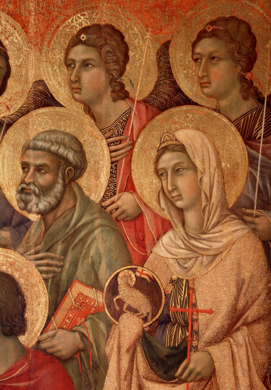 Jungfru och barn på tronen, detalj med Sankt Peter och Sankt Agnes (La Maesta) (tempera och guld på trä av Duccio di Buoninsegna