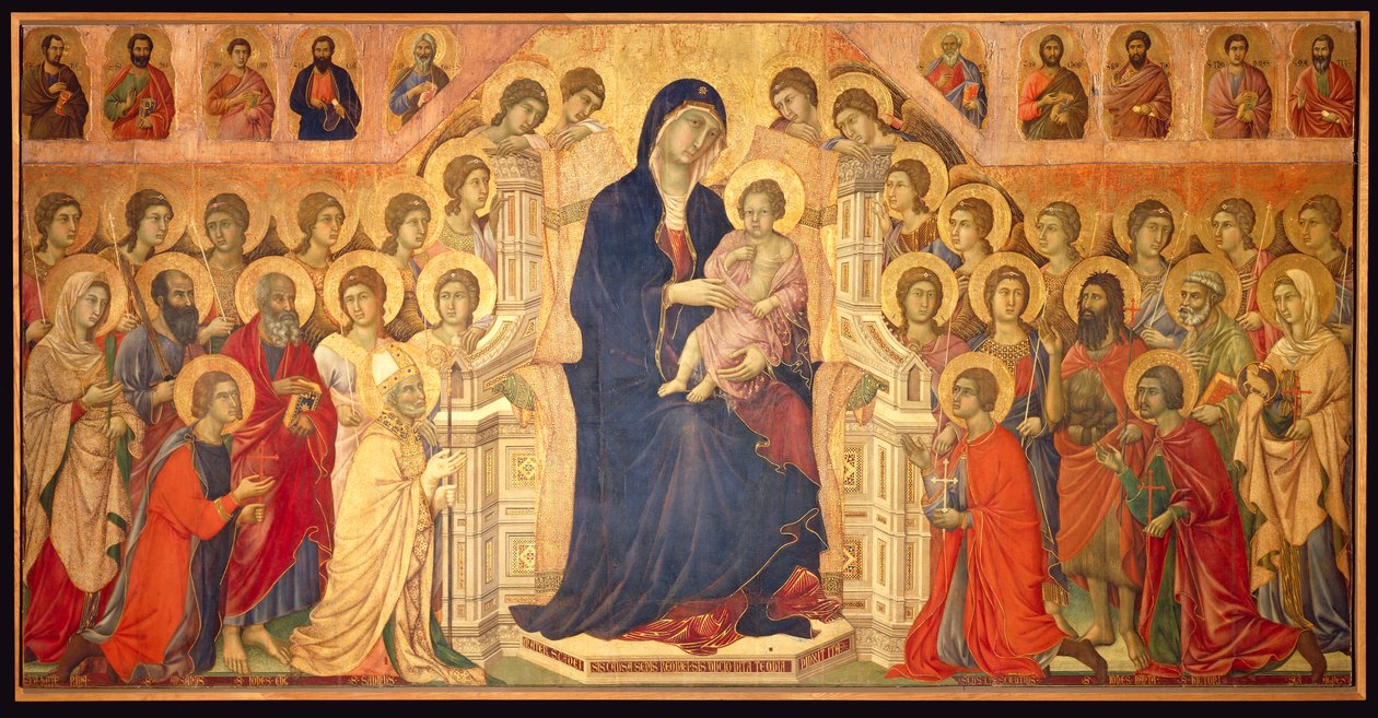 Jungfru tronar med barn, omgiven av änglar och heliga, centralpanelen i Maesta av Duccio di Buoninsegna