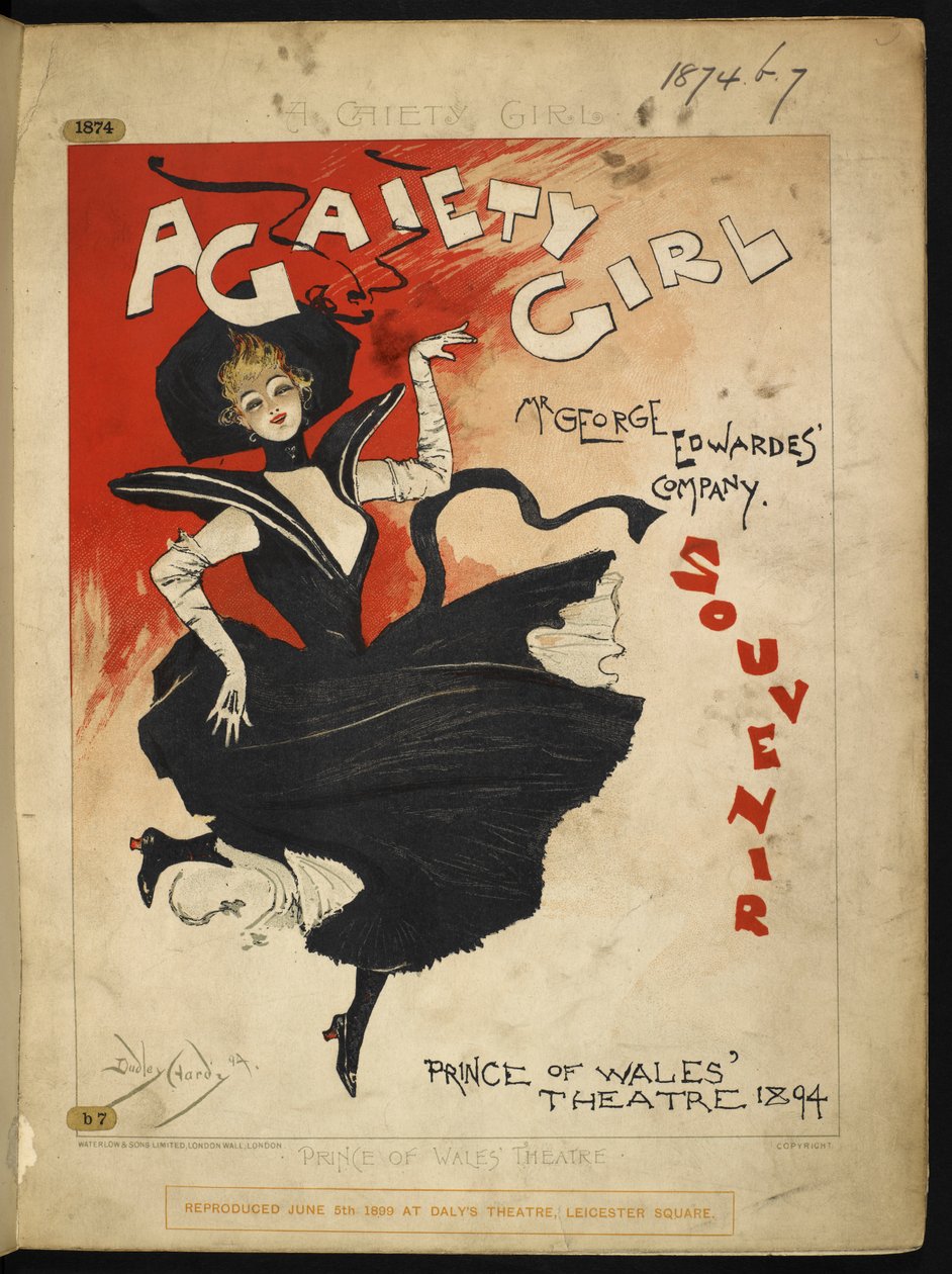 Främre omslag som reklamerar den visade musikalen "A Gaiety Girl". av Dudley Hardy