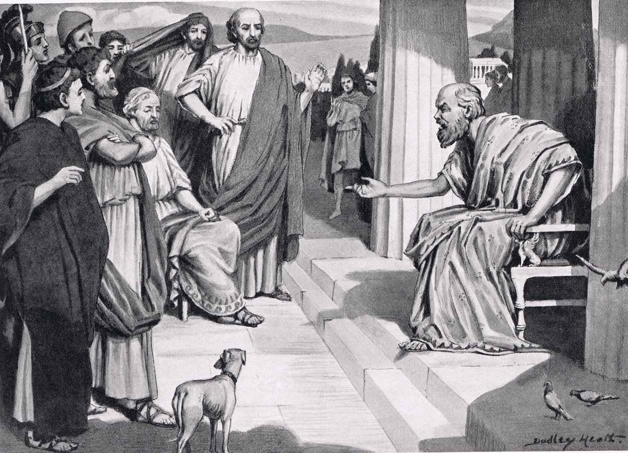 Sokrates tilltalar atenarna, illustration från Hutchinsons Nationernas historia, 1915 av Dudley Heath