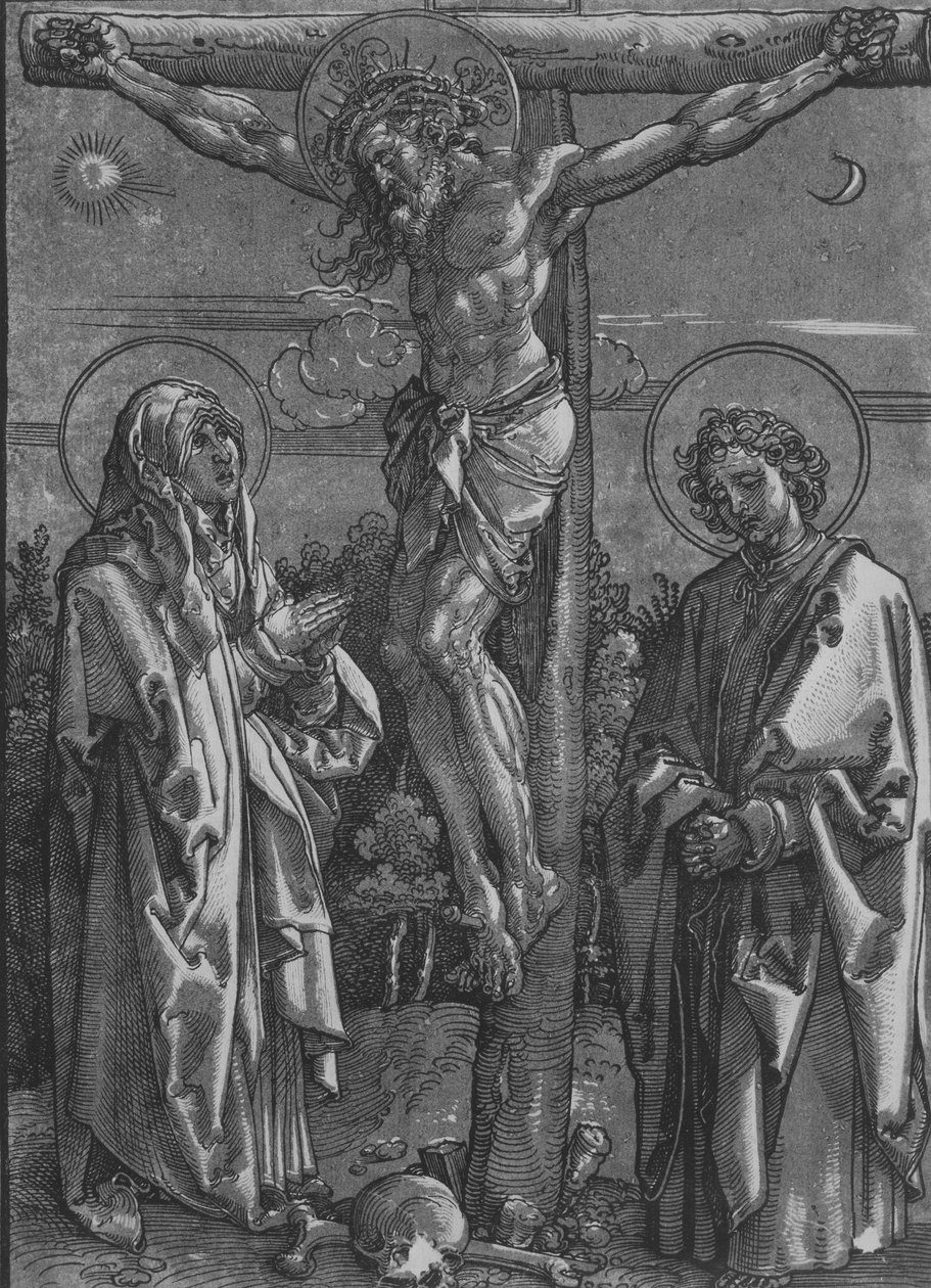 Kristus på korset med jungfrun och Johannes, 1500-1550. av Dürer School.