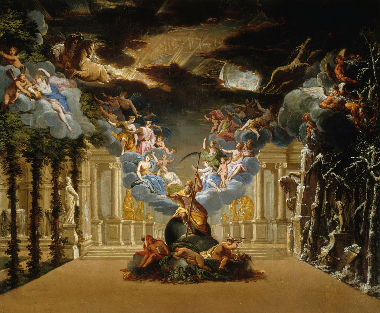 Scenografi för Prolog of the Tragédie lyrique Atys av Jean-Baptiste Lully, ca. 1708. av Duplessis