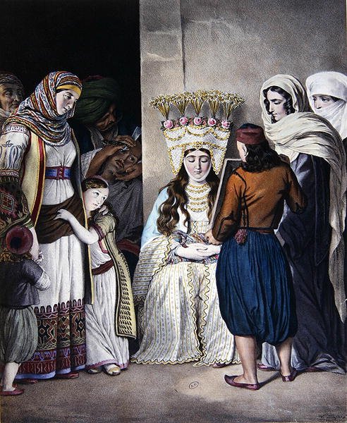 Grekisk-ortodoxt bröllop i Aten (ca 1825) (färg litho) av Dupre Dupre