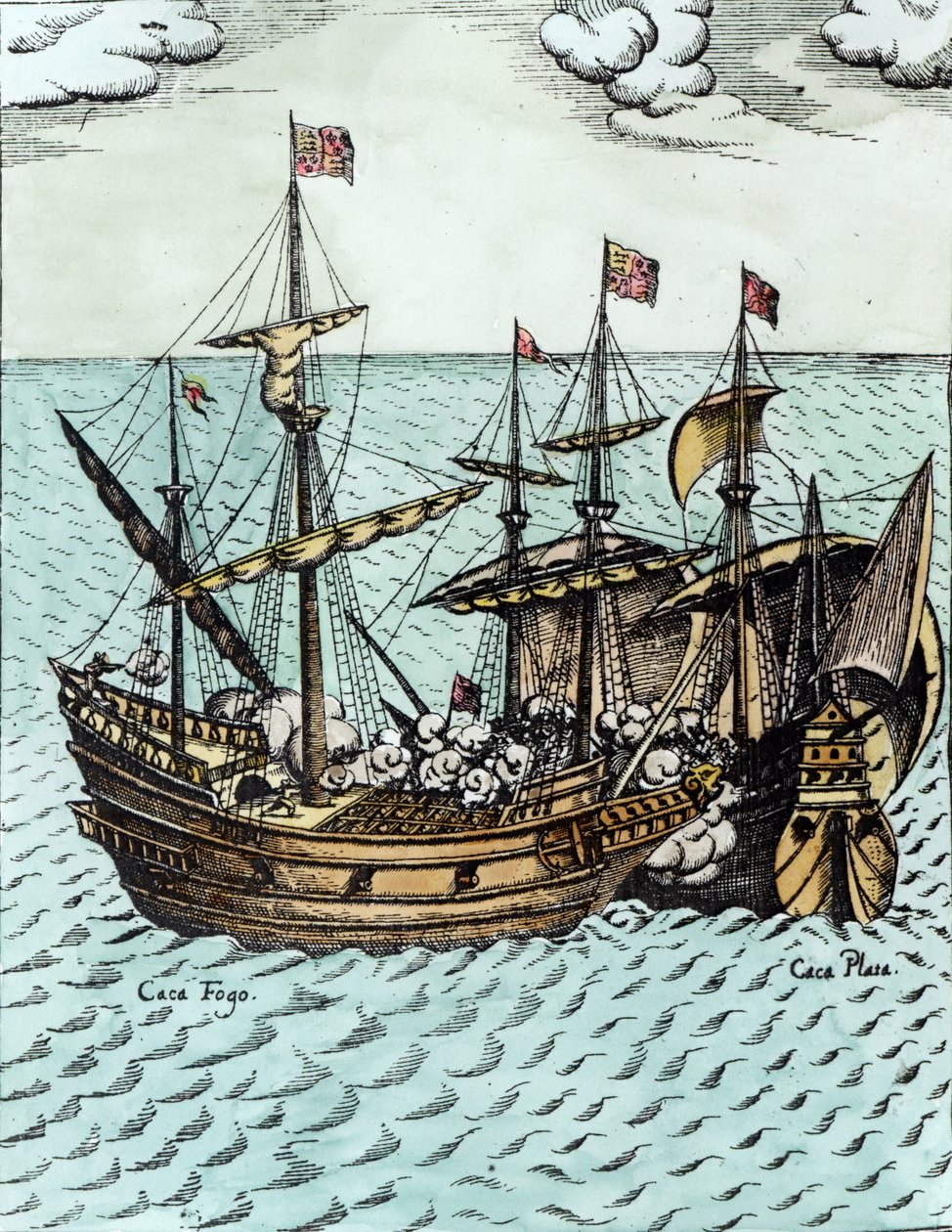 Ett spanskt skattskepp plundrat av Francis Drake (ca 1540-96) i Stilla havet (senare färg) av Dutch School