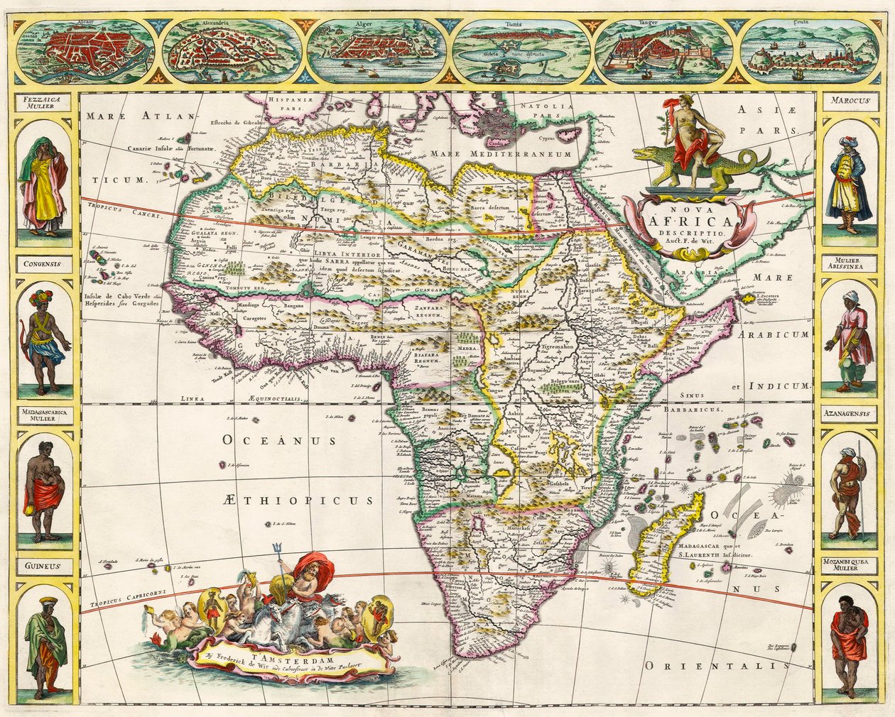 Karta över Afrika, från Nova Africa Descriptio, publicerad i Amsterdam på 1660-talet av den holländska kartografen Frederik de Wit av Dutch School