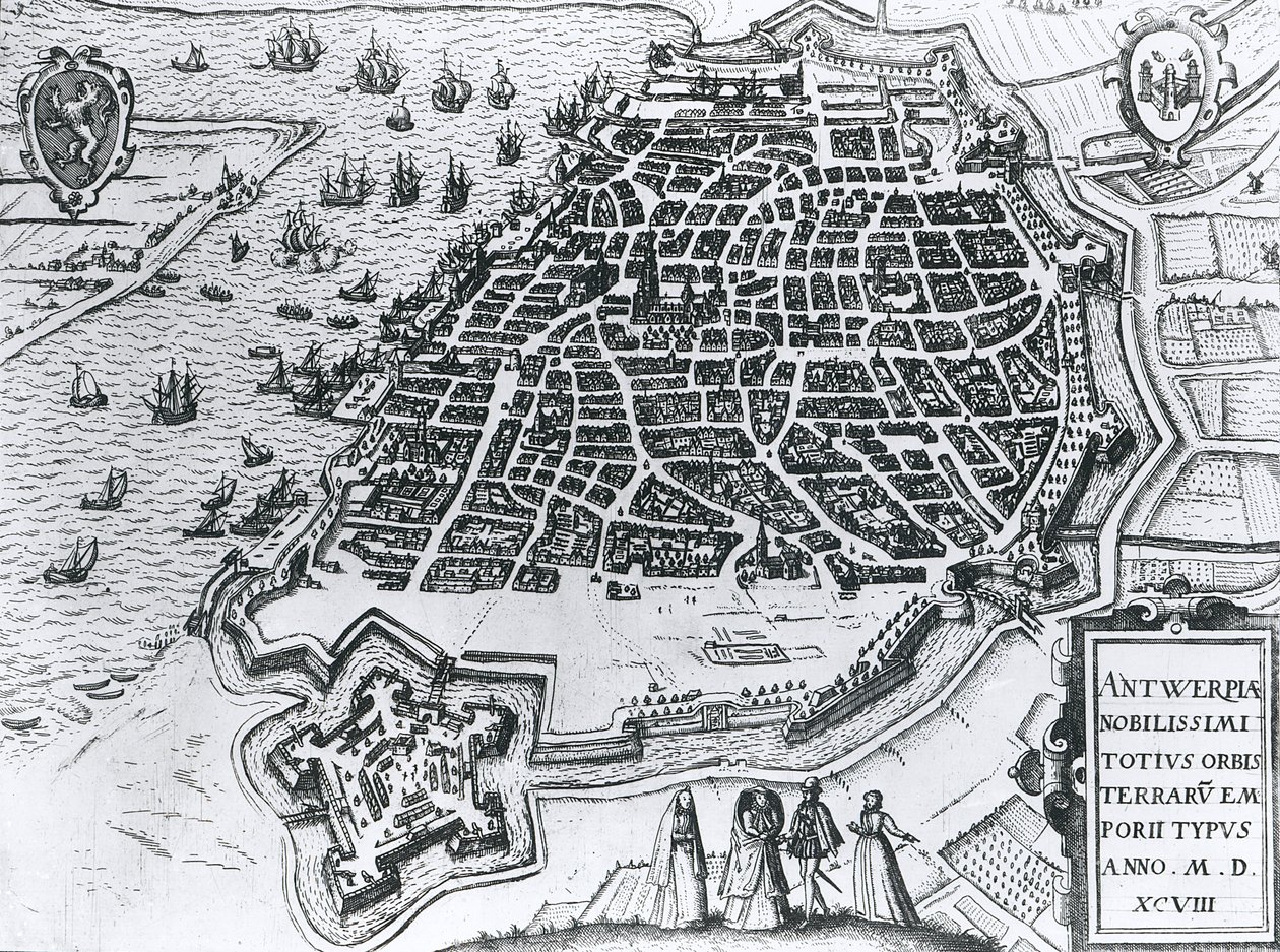 Karta över Antwerpen, 1598 av Dutch School
