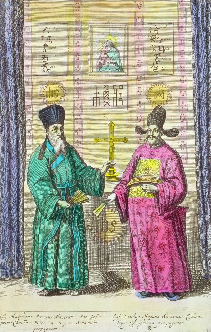 Matteo Ricci (1552-1610) och en annan kristen missionär i Kina, ur "China Illustrated" av Athanasius Kircher (1601-80) 1667 (senare färgläggning). av Dutch School