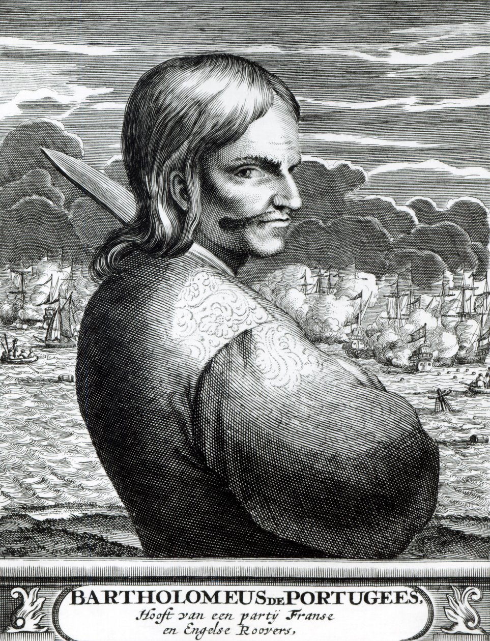 Porträtt av Bartholomeus de Portugees, från The Buccaneers of America, av Alexander O. Exquemelin, 1678 av Dutch School