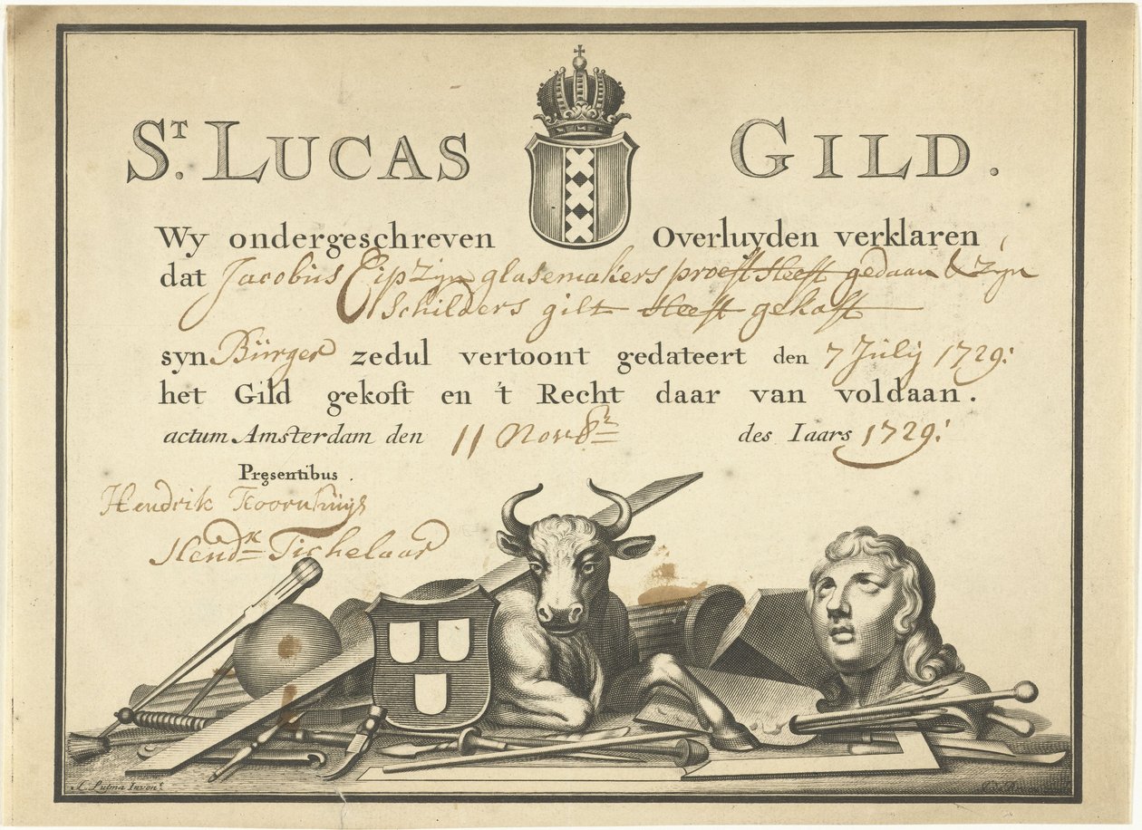Kvitto från Saint Luke-gillet i Amsterdam till glasmästaren James Cip, 1729 av Dutch School
