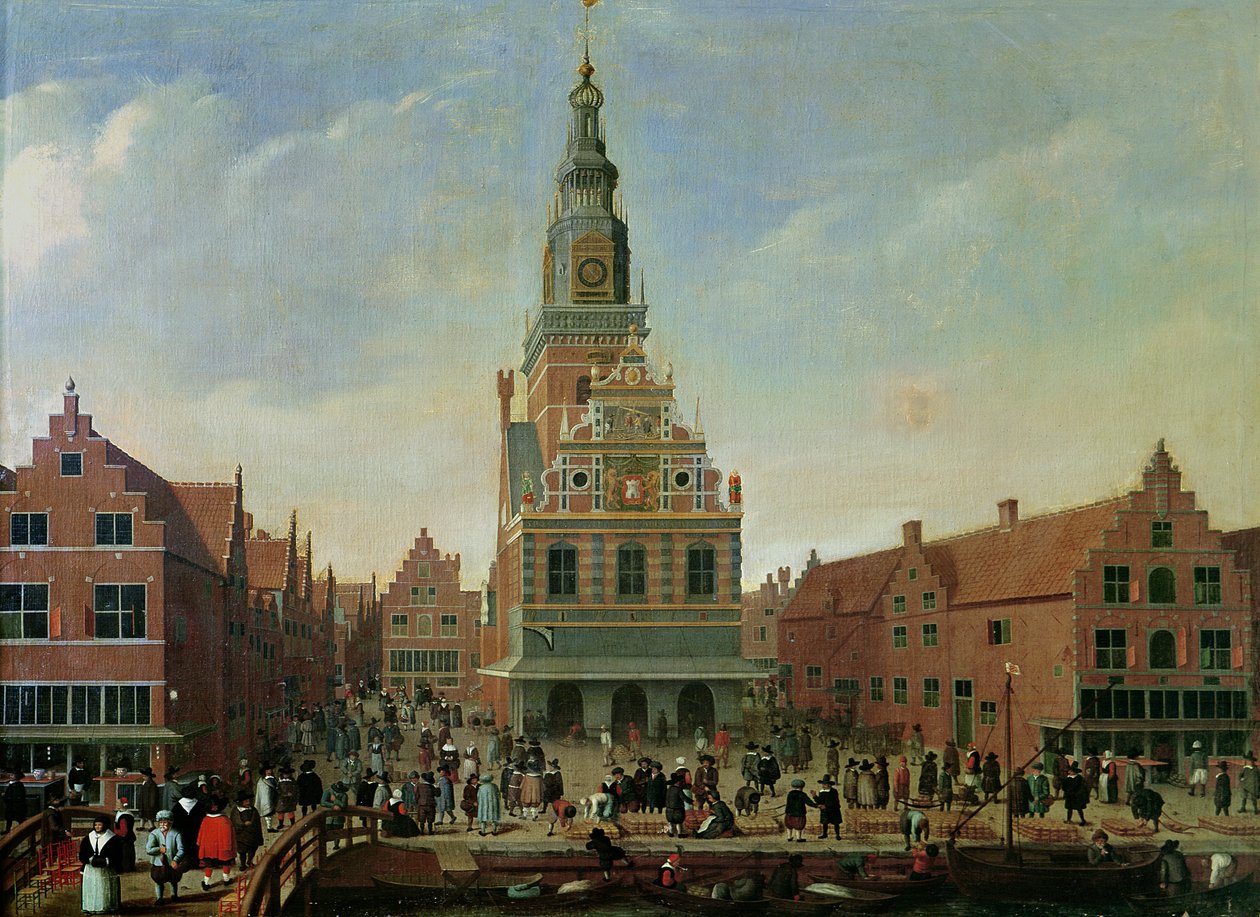 Utsikt över vägen och ostmarknaden i Alkmaar av Dutch School