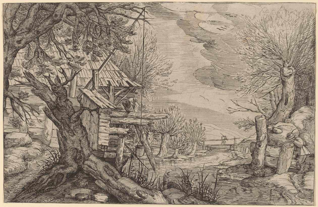 Landskap med timmerhus nära en flod av Dutch 17th Century, formerly Jacques de Gheyn II