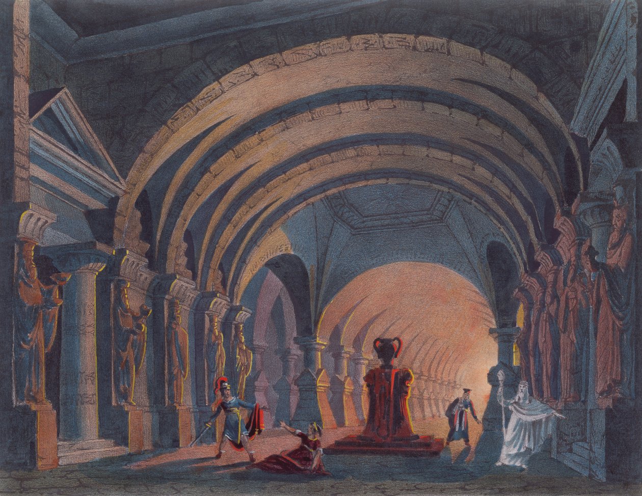 4th Act of Semiramis av Rossini, publicerad i en bok om scenografi i Amsterdam 1845 av Dutch School