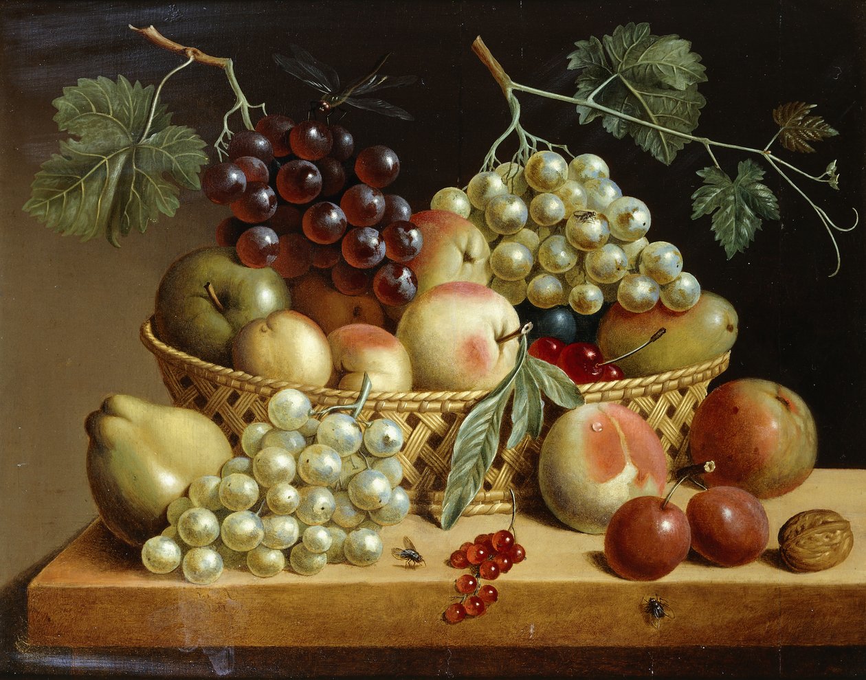 En korg med vindruvor, äpplen, persikor och annan frukt på en avsats, 1833 av Dutch School
