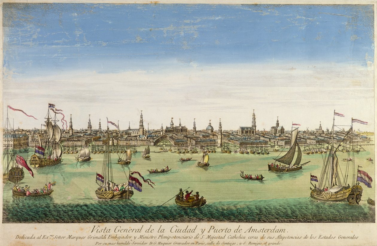 En allmän utsikt över hamnen och staden Amsterdam, gravyr av D.G. Hucquier, 1500-talet av Dutch School