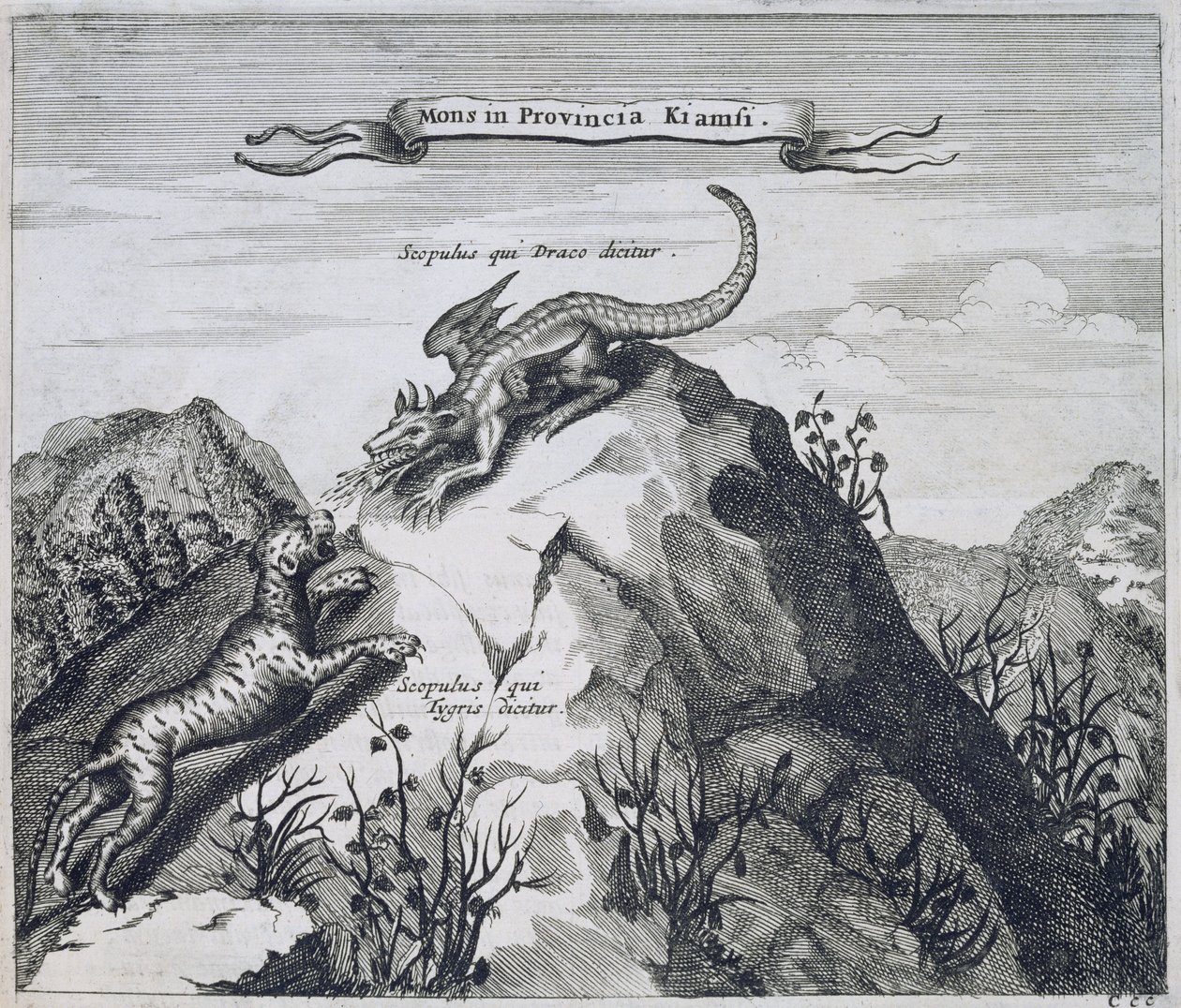 Ett berg i Jiangxi-provinsen med klippor som kallas draken och tigern, från Kina Illustrerad av Athanasius Kircher (1601-80) 1667 av Dutch School