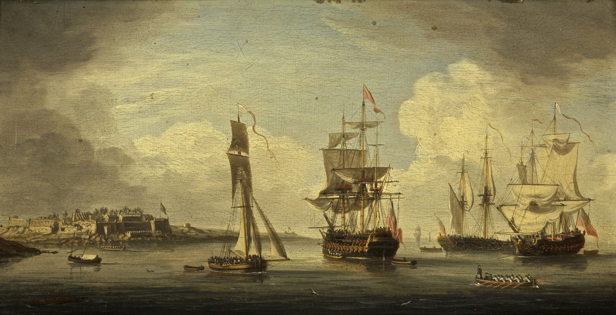 A Sea Port (olja på panel, mahogny) av Dutch School