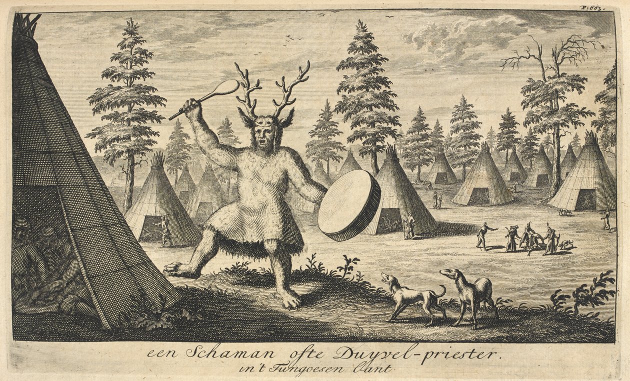 En shaman som bär ett huvudstycke gjord av horn från en ren i en sibirisk by, publicerad i Amsterdam av Dutch School