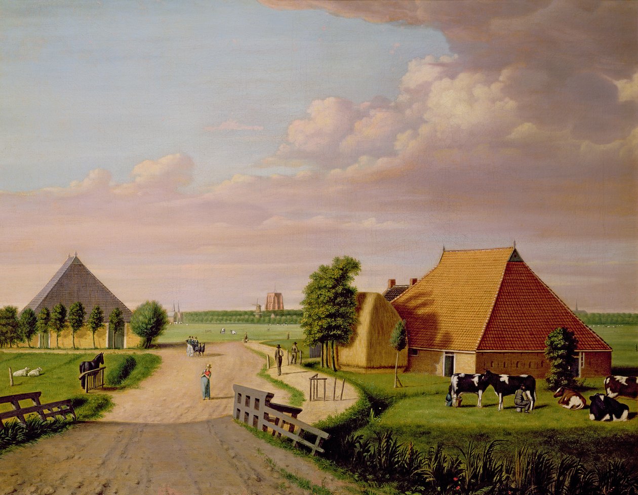 En studie av Leevwarden i Holland med en flock friserboskap i förgrunden av Dutch School