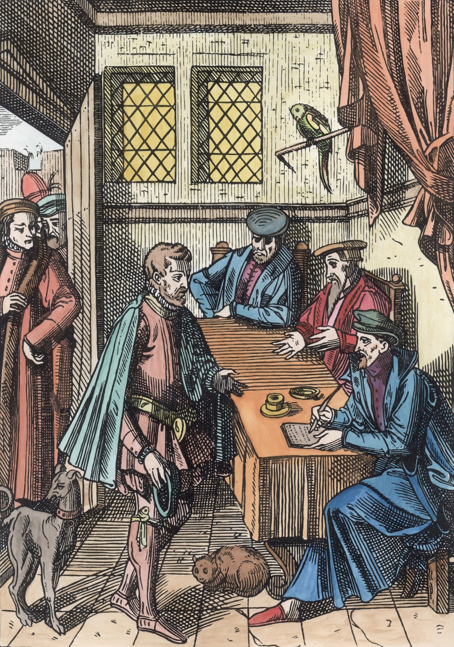 Bailliage, eller Tribunal of the Kings Bailiff, efter en trästick i Praxis Rerum Civilium av Joos de Damhouder (1507-81) publicerad Antwerpen, 1557 (senare färgläggning) av Dutch School