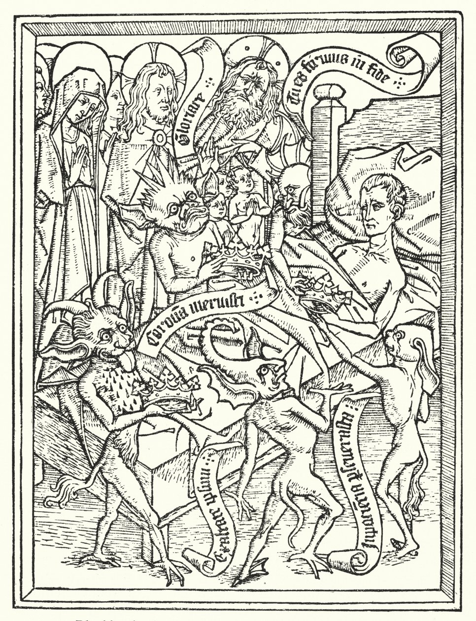 Blockbok Ars Moriendi, tryckt omkring 1460 i Nederländerna av okänd upphovsman (litografi) av Dutch School