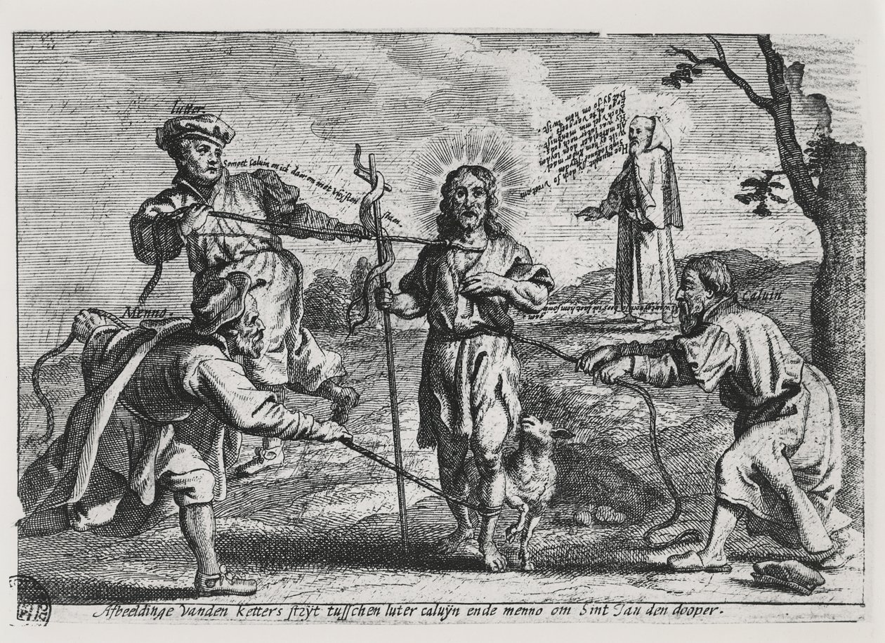 Karikatyr av Luther, Calvin och Menno Simons som ifrågasätter Kristus och hans lära av Dutch School