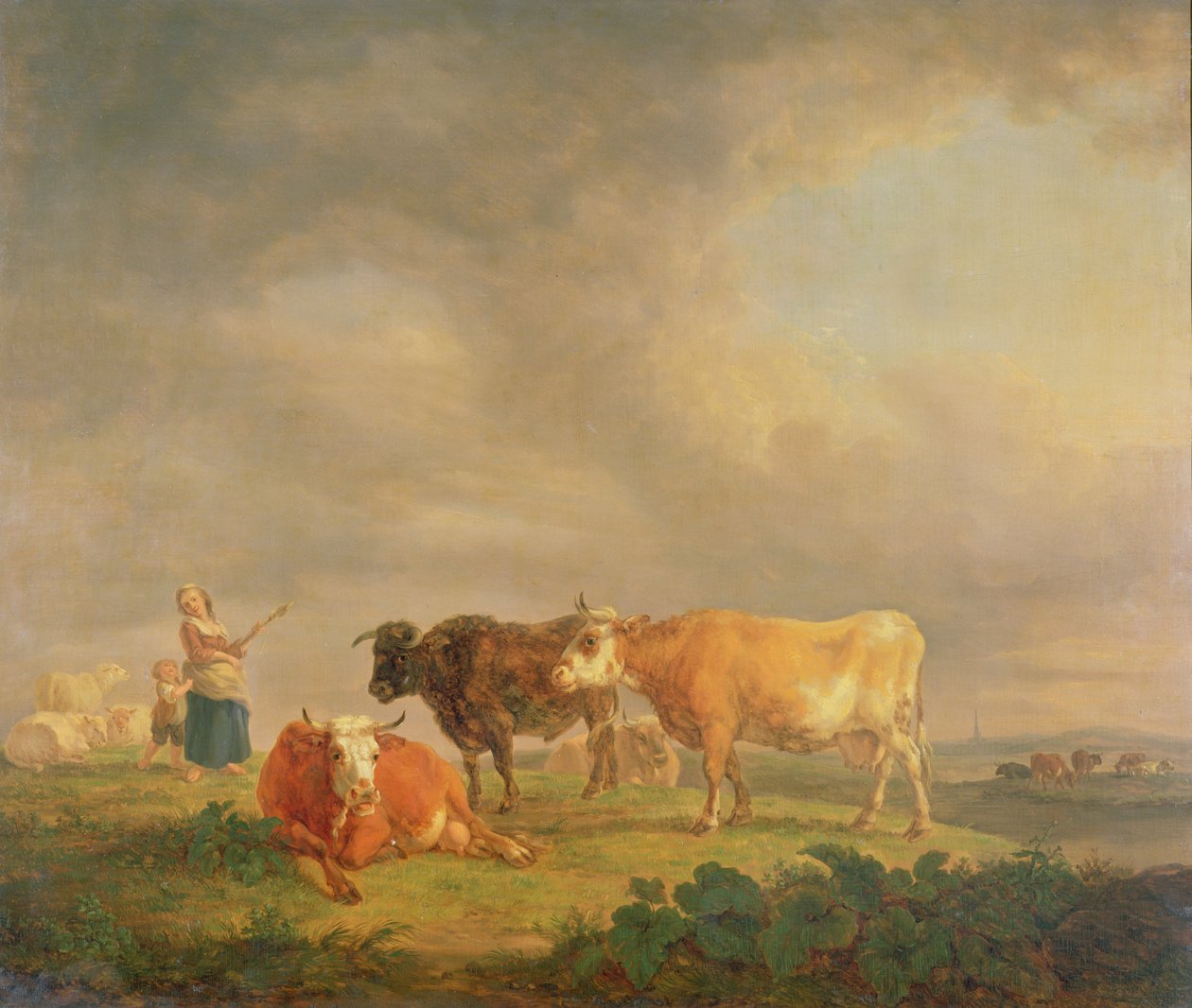 Boskap som betar i ett landskap, ca 1820 (panel) av Dutch School