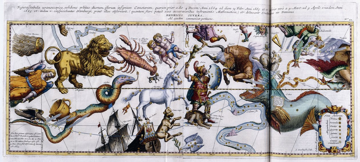 Himmelskarta över stjärnbilderna: Orion, Oxen, Väduren, Fiskarna etc, 1666-1668 av Dutch School