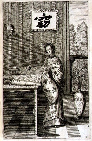 Kinesisk kvinna med näktergal, ur "China Illustrated" av Athanasius Kircher (1601-80) 1667 (gravyr) av Dutch School