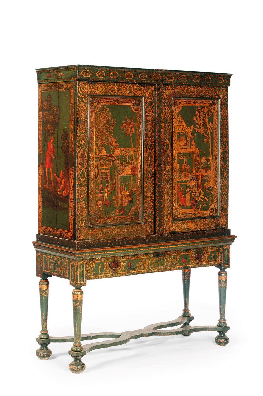 Samlarskåp på stativ, c.1700-30 (förgylld & grön Japanning) (se även 780666-7) av Dutch School