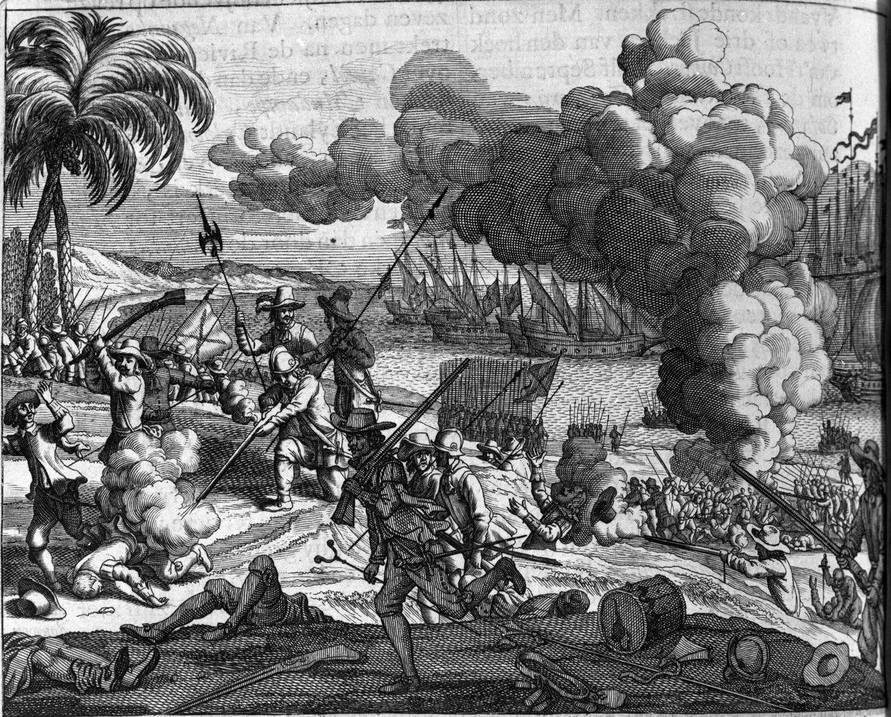 Kolonisering: de holländska flottorna jagade portugisiska från Ceylon (nuvarande Sri Lanka eller Srilanka) 1658. Holländskt tryck från "Afgoderye de oost-indische heydenen" (Beskrivning av länderna i östra Indien) av Philippus Baldaeus (eller Balde) (1632) av Dutch School