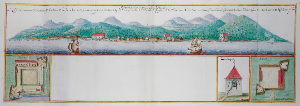 Färgad vy av Amboyna. av Dutch School