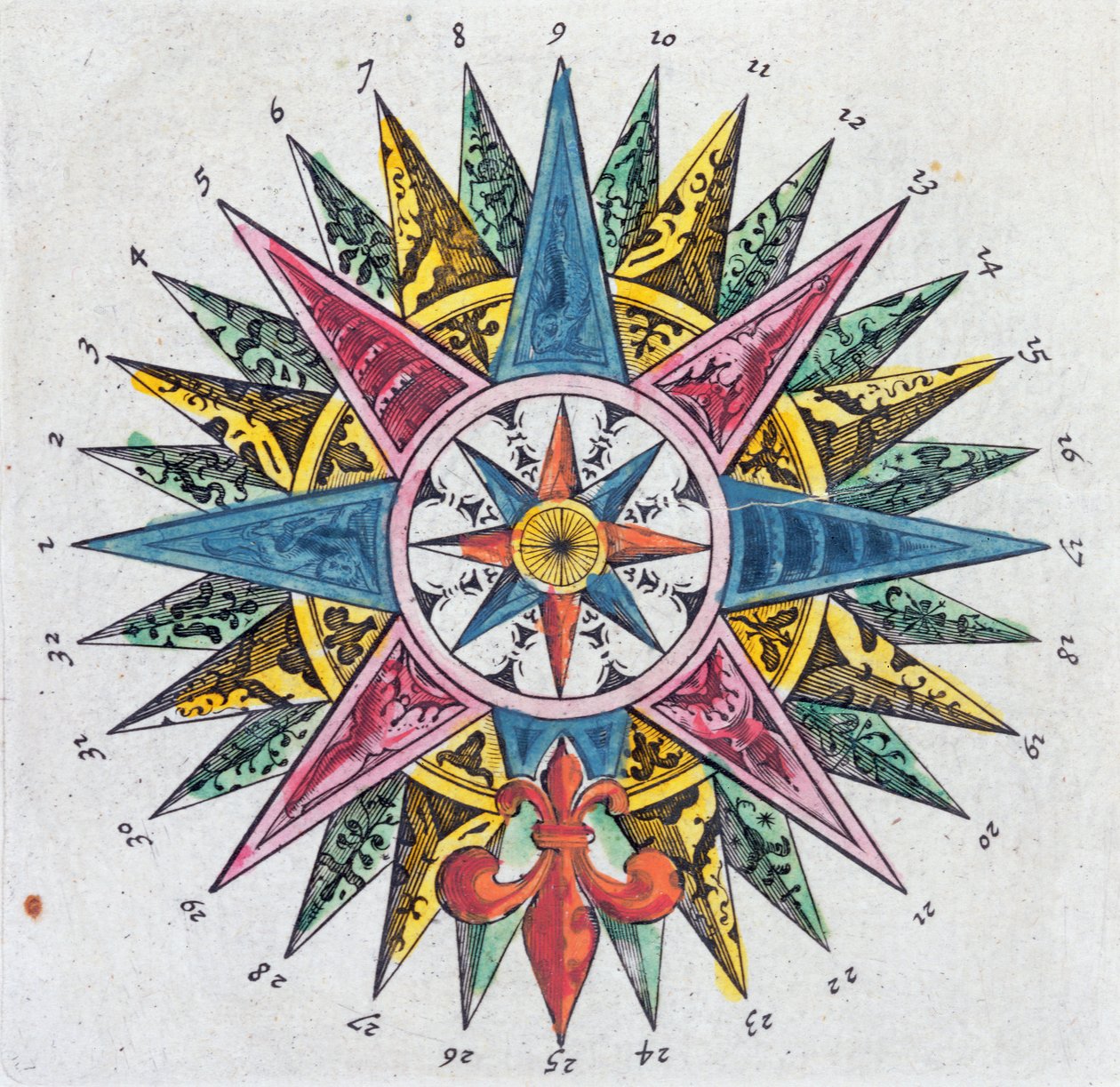 Compass Rose, från en Blaue Atlas, publicerad i Amsterdam, 1697 av Dutch School