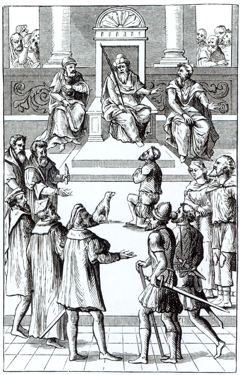 Bekännelse för rättelse inför domstolen, efter ett träsnitt i Praxis Rerum Criminalium av Joos de Damhouder (1507-81) publicerat Antwerpen, 1556 av Dutch School