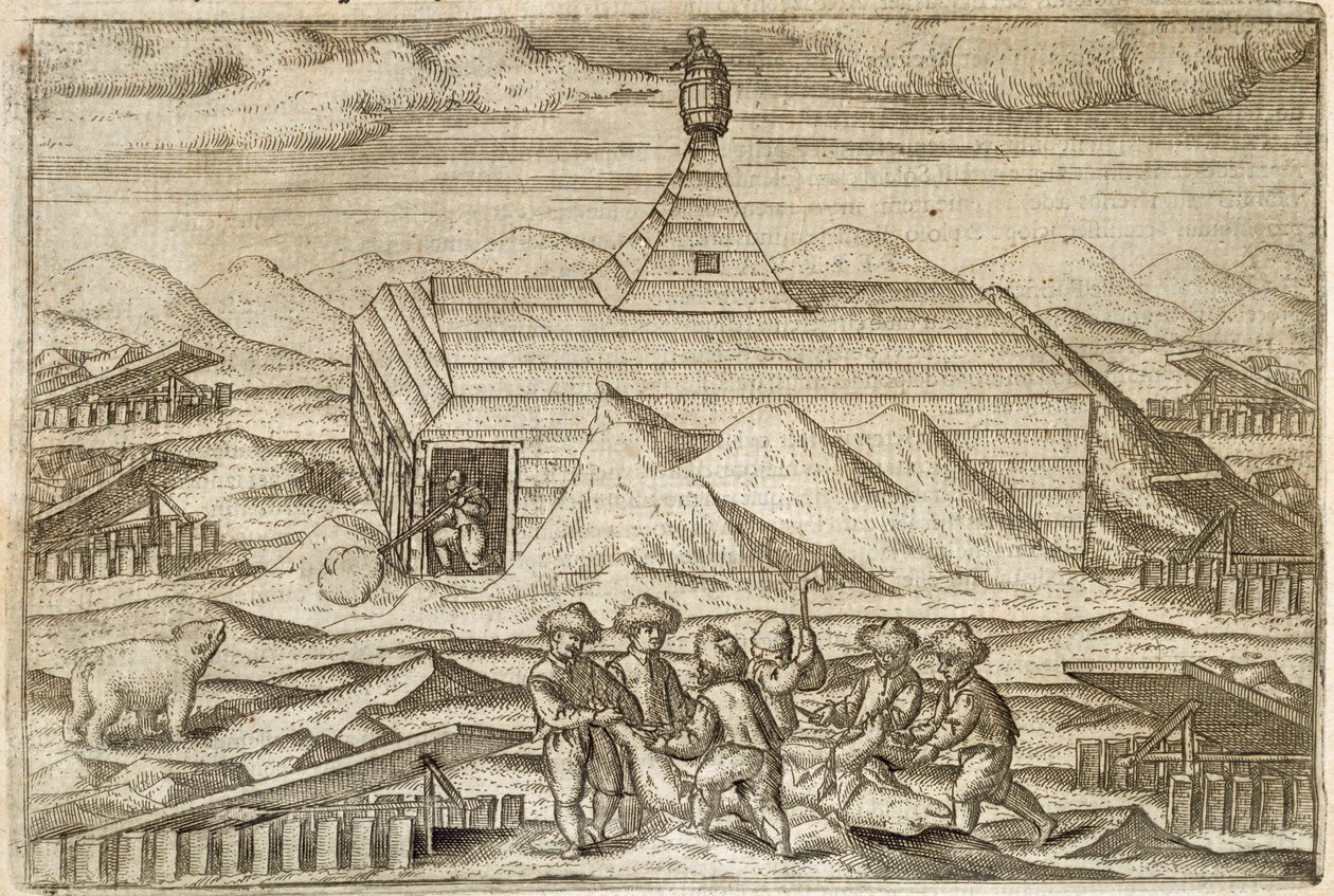 Besättning som dödar och flåar björnar, utanför stugan där expeditionen övervintrade, illustration från 