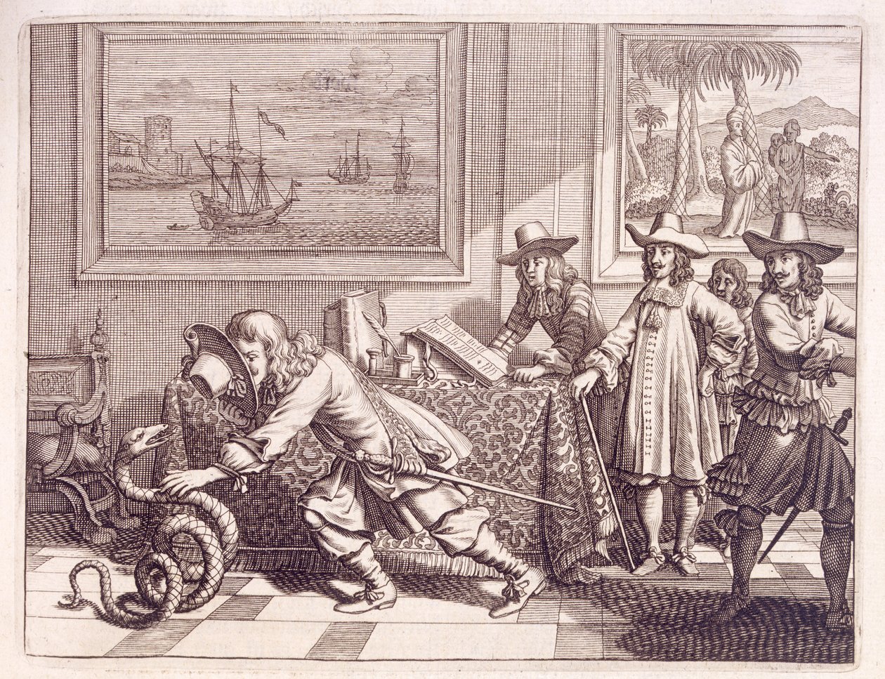 Hanterar en kobra som har invaderat de holländska officersrummen, 1672 av Dutch School