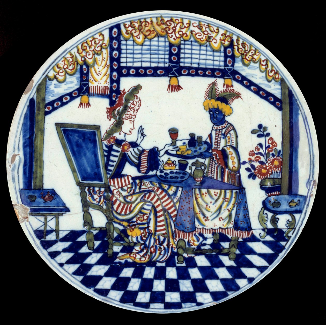 Delft porslinstallrik som föreställer en kvinna vid ett bord som serveras av hennes svarta tjänare. 1705 Sevres, Nationalmuseum för keramik av Dutch School