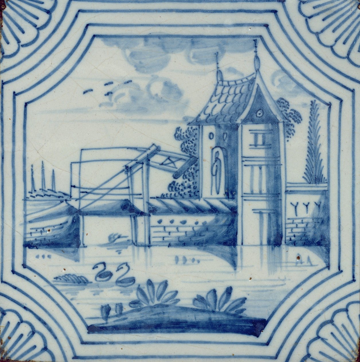Delfts kakel som visar en vindbro över en kanal, 1800-talet av Dutch School