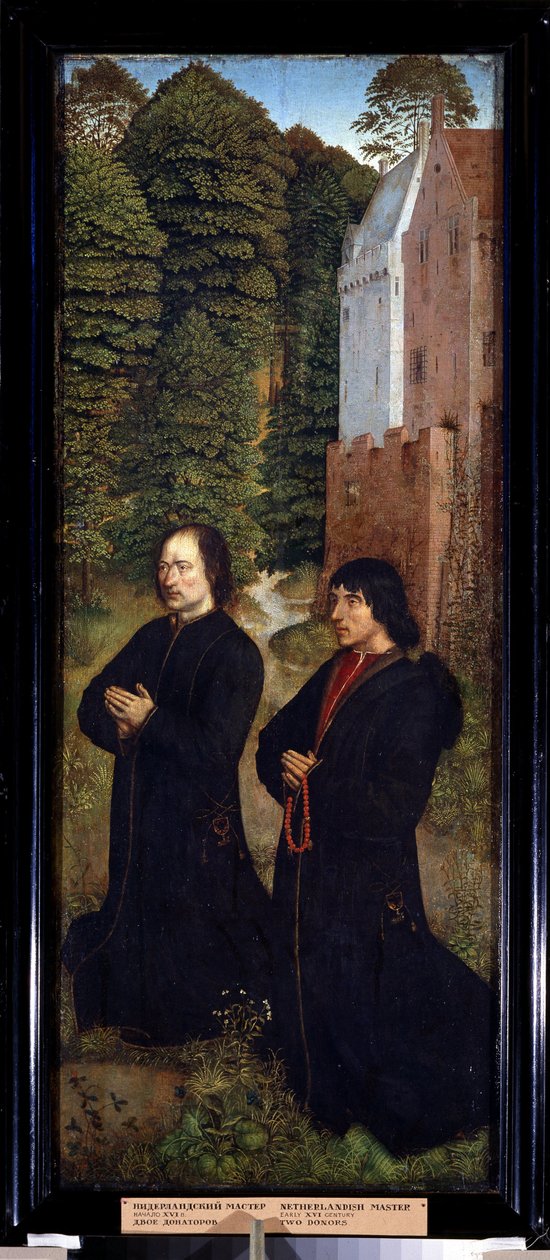 ""Två givare, medlemmar av ett skrå av skomakare"" Målning på trä från 1400-talets holländska skola (mästare i Saint Crispin) Pushkin-museet från början av 1500-talet, Moskva av Dutch School
