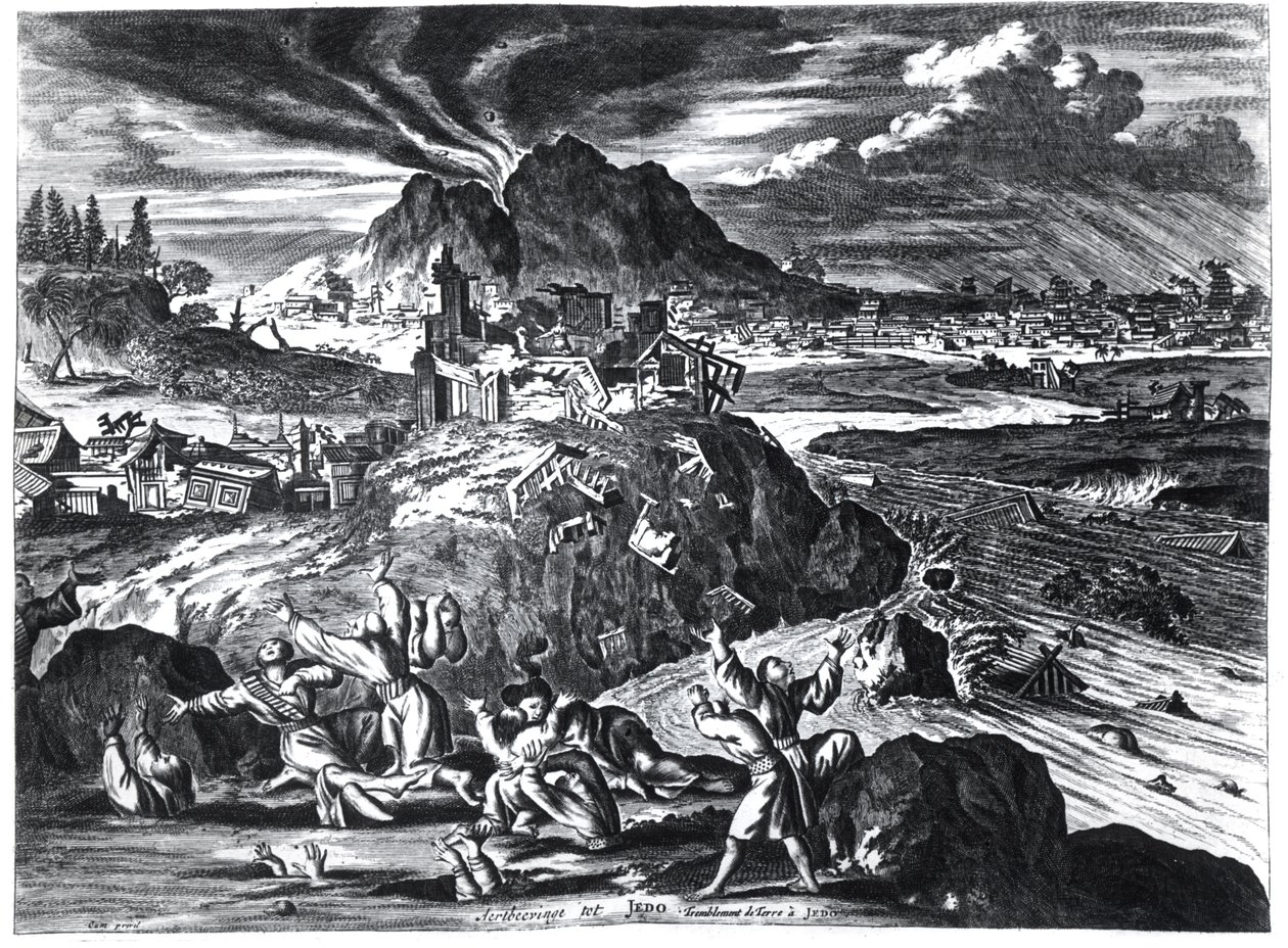 Jordbävning i Edo (Tokyo) 1659, illustration från berättelsen av Arnold Montanus om ambassader skickade av Holländska Ostindiska kompaniet till kejsaren av Japan, publicerad i Amsterdam 1669 ( av Dutch School