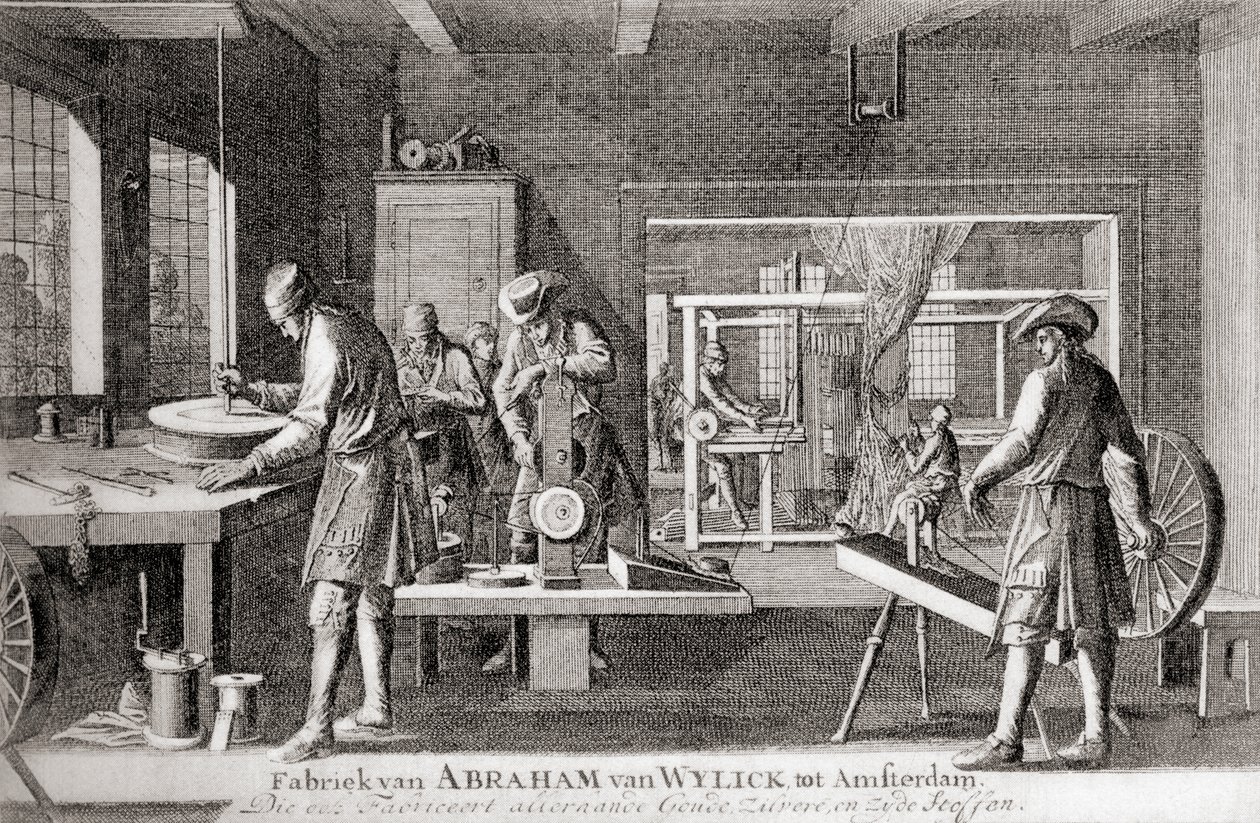 Abraham van Wylicks fabrik, Amsterdams sidenindustri, ur "Geschiedenis van Nederland", utgiven 1936 (litografi) av Dutch School