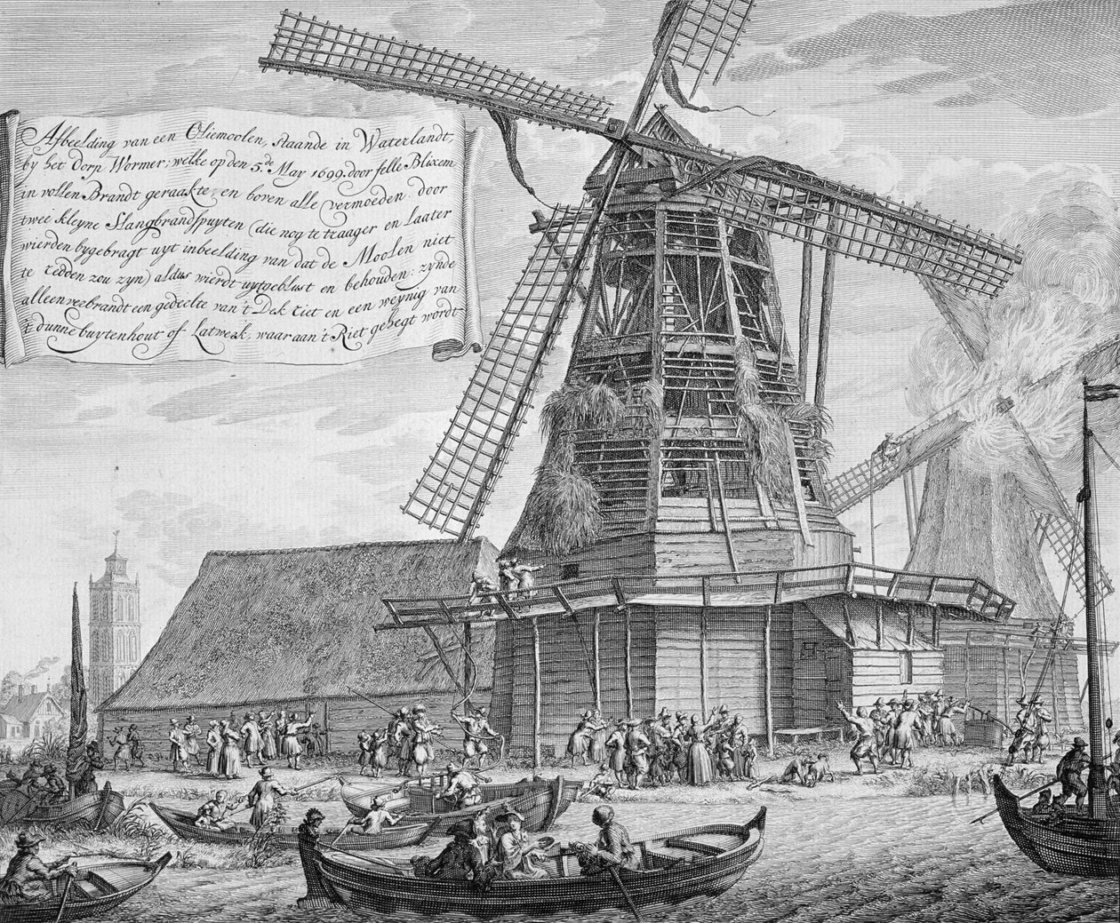 Bekämpa en brand i en väderkvarn nära Worden, från en bok om brandbekämpning i Holland, publicerad ca 1700 av Dutch School