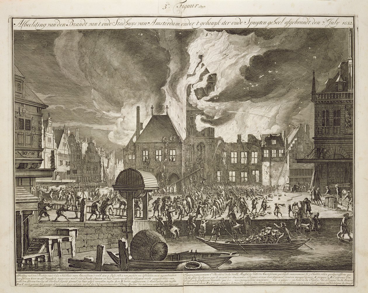 Brand i det gamla stadshuset i Amsterdam, 17 juli 1652, från en bok om brandbekämpning i Holland, publicerad ca 1700 av Dutch School