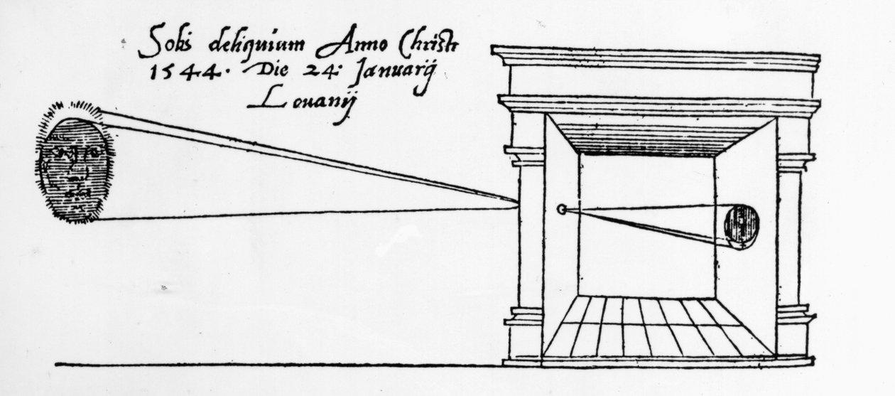 Första publicerade illustration av en camera obscura som observerade en solförmörkelse i januari 1544 av Dutch School