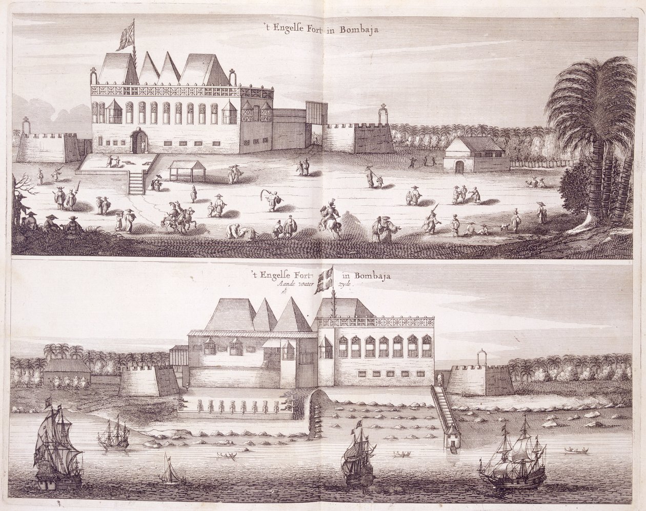 Fram- och vattenutsikt över det engelska fortet i Bombay, 1672 av Dutch School
