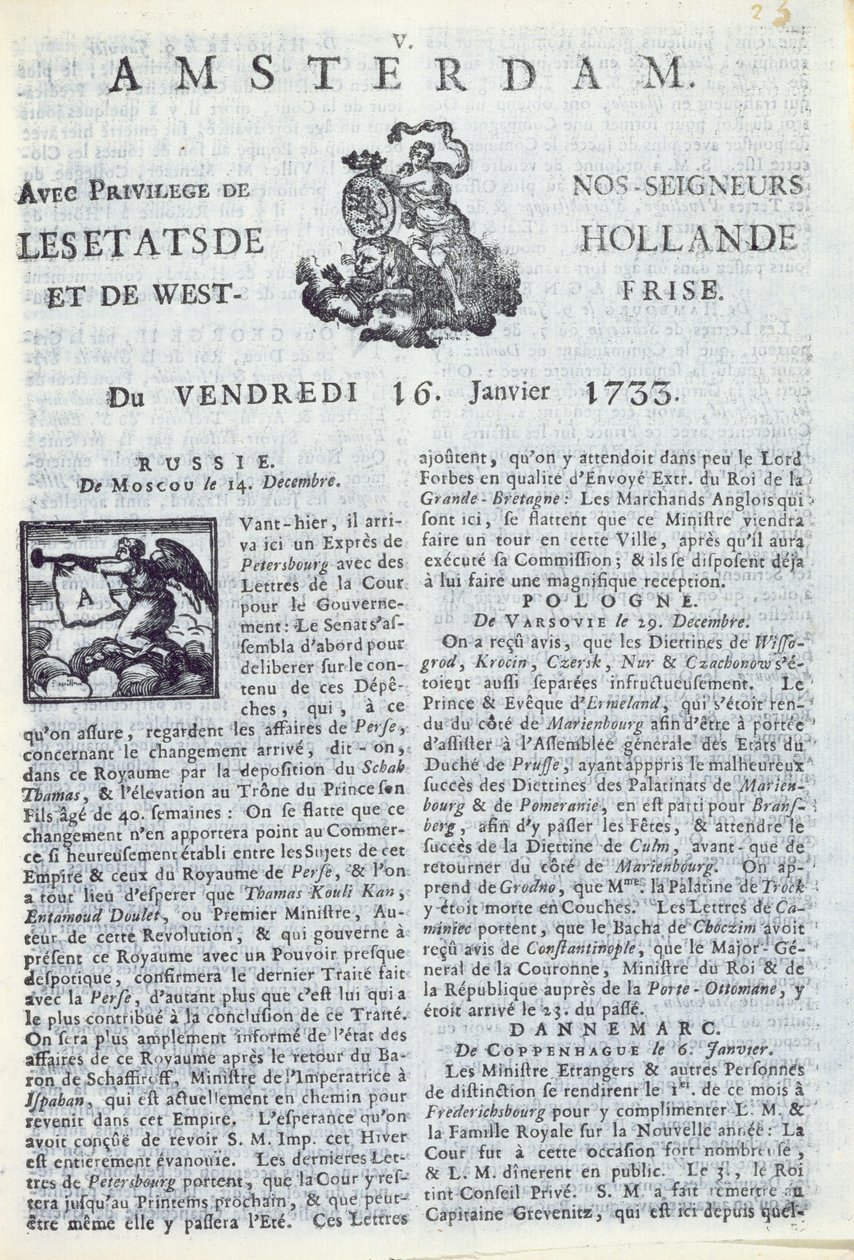 Framsidan av La Gazette dAmsterdam, 16 januari 1733 (tryckt papper) av Dutch School